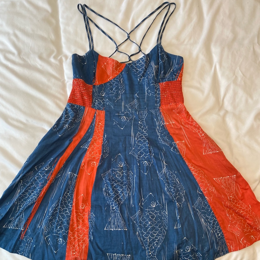 Red-Orange, Blue, and White Free People Fish Pattern Sundress